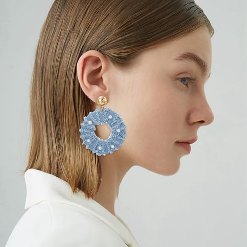 Coiris Bohemian Statement Dangle Earrings for Women Denim Leather Shells Pearl Polygonal Leaf Circle Drop Earrings for Women - style: Denim Pearl