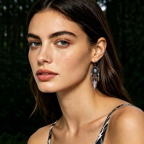 Boho Turquoise Drop Earrings Retro Long Copper Feather Tasse Metal Leaf Dangle Earrings Vintage Country Western Jewelry Cowgirl Ethnic Style Geometric Concert Festival Accessories for Women - color: Red Blue