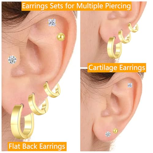 Silver Gold Plated Surgical Steel Flat Back Earrings for Women Hypoallergenic 14K Gold Plated Stud Huggie Earring Set Fashion Shell Cubic Zirconia Flatback Studs Cartilage Earrings Pack for Multiple Piercing 5/8Pairs - color: 6 Pairs Gold Plated Hoop Flat