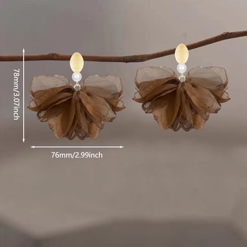 Handmade Fabric Flower Petal Fringe Dangle Drop Earrings Bohemian Floral Tassel Stud Earrings For Women - color: Brown