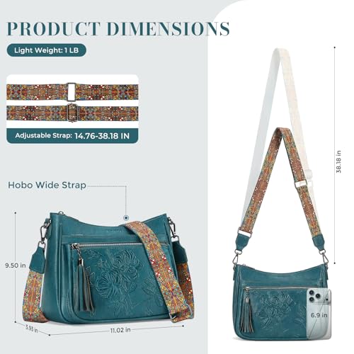 Crossbody Bags for Women, Vegan Leather Medium Crossbody Purse, Spacious Daily Travel Shoulder Bag with Boho Strap - color: Peacock Blue