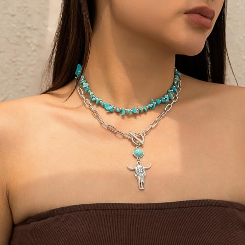 Western Necklaces Boho Layered Charm Necklace for Women Turquoise Beaded Choker Ox-head Pendant Necklace Western Jewelry for Women Cowgirl Accessories - color: Style-F