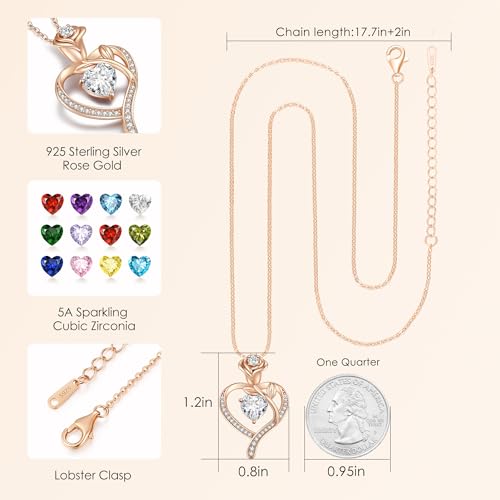 LOUISA SECRET Rose Flower Heart Birthstone Necklaces for Women, 925 Sterling Silver Jewelry, Pendant Heart Necklaces Birthday Anniversary Christmas Gift for Women Wife Mom Girlfriend Lady - color: Rose Gold-04-Apr