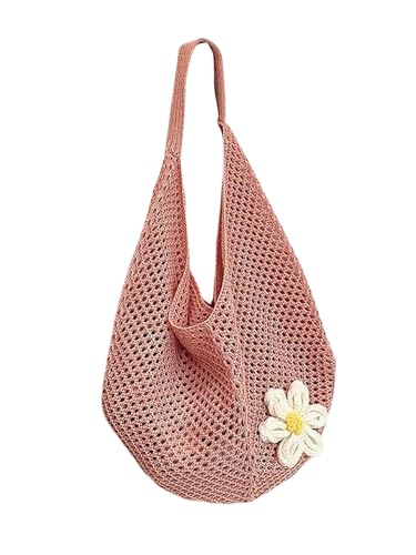 OYOANGLE Women's Floral Applique Crochet Beach Tote Bag Summer Boho Mesh Woven Tote Bag - color: Pink
