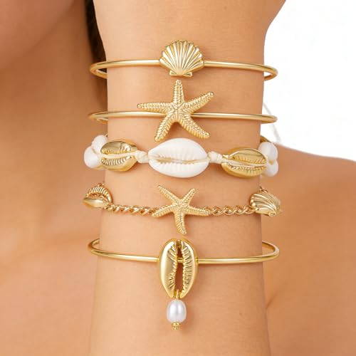 Shell Bracelet Seashell Boho Beaded Stretch Bracelets for Women Summer Beach Bracelets Starfish Charm Bracelet Stackable Gold Plated Bracelets Set for Women - color: h-gold