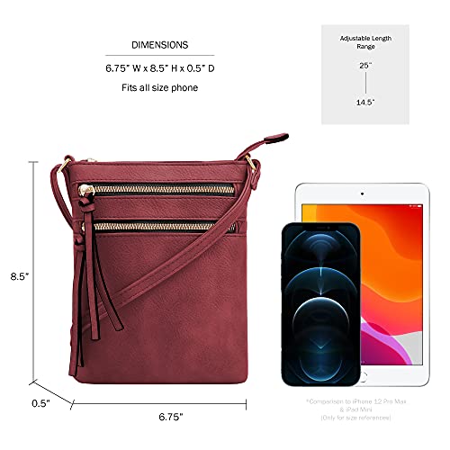 DELUXITY Crossbody Purse Bag Shoulder Bag Multi Pocket Zipper Purse - color: Wine