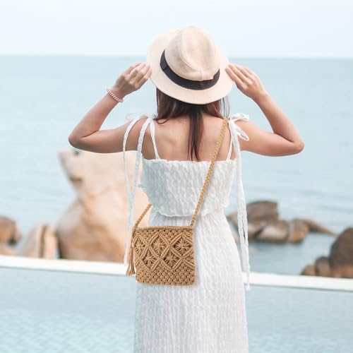 Peicees Crossbody Bag Purse For Women Bohemian Shoulder Bag Woven Crochet Purse For Summer Beach Travel Clutch Handbag - color: Khaki