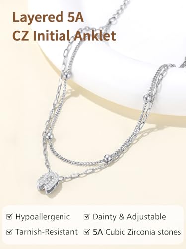 FindChic Silver/14K Gold Plated Layered CZ Initial Ankle Bracelet for Women | Waterproof Stainless Steel, Cubic Zirconia Letter Charm, Non-Tarnish, Hypoallergenic, Adjustable Extender, Summer Jewelry - color: Silver, size: C