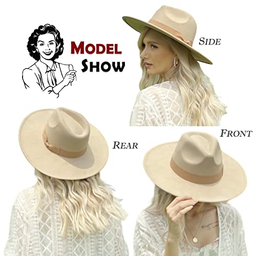 FLUFFY SENSE. Big Wide Brim Fedora Hat for Women - Nashville Outfits Western Hats Women's Felt Panama Rancher Hat - color: Khaki