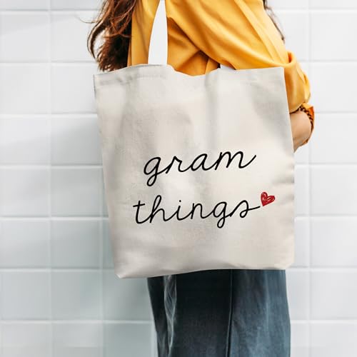 Gram Things Canvas Tote Bag, Gram Gifts for Mothers Day Birthday Tote Bag for Women, Grandma Gifts from Grandkids, Minimalist Neutral Grandmother Aesthetic Travel Totes for Shopping Camping