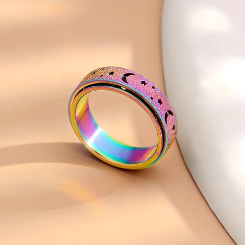 Anxiety Ring for Women Spinner Rings:Rotating Rings Stainless Steel 6mm Moon Star Anxiety for Men Band Jewelry Gift for Women Size 6 7 8 9 10 - color: B-Rainbow