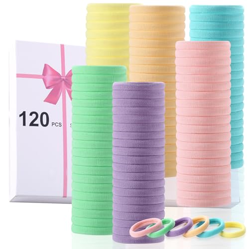 LuSeren 120 Pcs No Damage Thick Hair Ties, Large Soft Seamless Nylon Cloth Hair Elastics for Women, Light Color - color: Light color