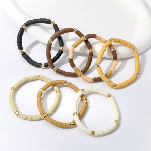 GOOJIDS Surfer Heishi Clay Bead Bracelets for Women Bohemian Stackable Gold Plated Beaded Stretch Bracelets Elastic Layering Friendship Bracelets Set Boho Jewelry - color: B-New Brown Color C