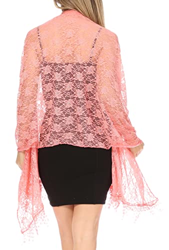 Sakkas Mari Women's Large Lightweight Soft Lace Scarf Wrap Shawl Floral and Fringe - color: Style2-peach