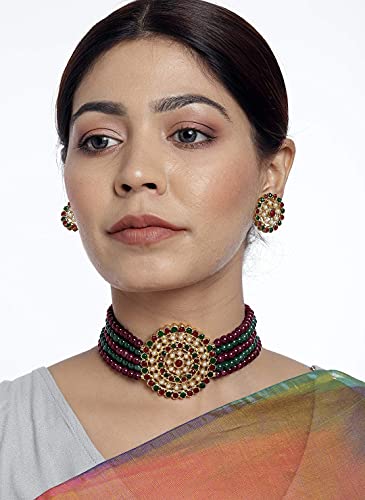 Aheli Pearl Diamond Choker Necklace & Round Earrings Gift for Women Indian Traditional Bollywood Fashion Bharatanatyam jewellery set - color: Green & Red