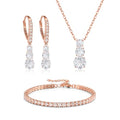 Crysdue Cubic Zirconia Jewelry Set for Women Bridesmaid, Classic Round Cut Drop Lightweight Lever Back Earrings Pendant Necklace Tennis Bracelet for Wedding Prom Party - style: 3pcs Rose Gold
