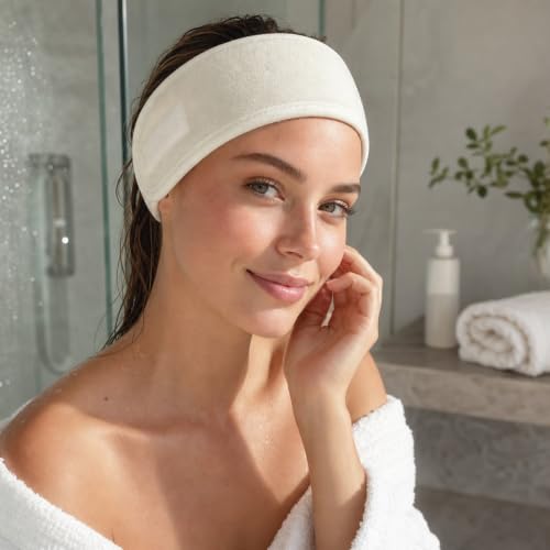 Whaline 4Pcs Spa Facial Headbands Make Up Wrap Head Terry Cloth Headband Soft Adjustable Towel Band for Face Washing Shower Facial Cover Yoga (Beige) - color: Beige