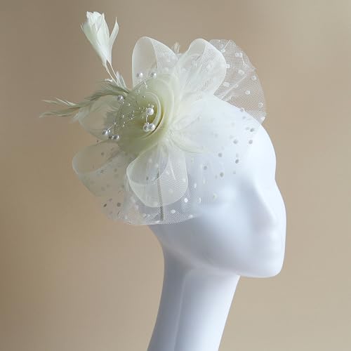 Fascinators Hat Pearl Earrings Necklace Bracelets Gloves 1920s Headband Hair Clips Women Flower Mesh Feather Headpiece Headwear Halloween Carnival Cocktail Wedding Tea Party Accessories Beige - color: Beige