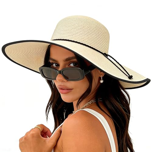 DRESHOW Beach Hats for Women Big Straw Wide Brim Summer Hat Floppy Foldable Roll up Cap Sun Hat UPF 50+ - color: Ab Beige 5.9" Brim