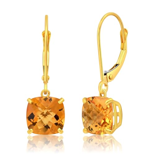 14k White or Yellow Gold Cushion Cut Gemstone Dangle Earrings for Women with 8mm Birthstones by MAX + STONE - color: Citrine