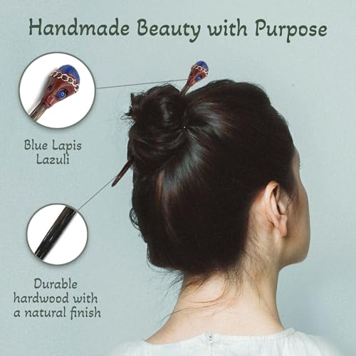 Mia Jewel Shop - Natural Tumbled Healing Gemstone Crystal Chonta Wooden Hair Sticks – Handmade Hair Sticks for Women | Hair Pins Boho Reiki Accessories, Fashion Gifts (Blue Lapis Lazuli) - color: Blue Lapis Lazuli
