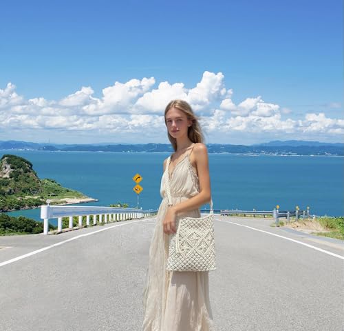 Eiyye Handmade Crochet Purse Boho Cotton Rope Crossbody Shoulder Bag with Tassel Casual Bag for Women - color: Off White-vertical