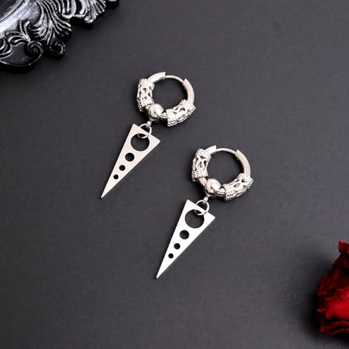 Sonateomber Gothic Silver Black Small Hoop Earrings for Women Men, Punk Hip Hop Engrave Beaded Goth Dangle Drop Earings Halloween Costumes Accessories Prom Fashion Jewelry Gift - color: Silver Triangle
