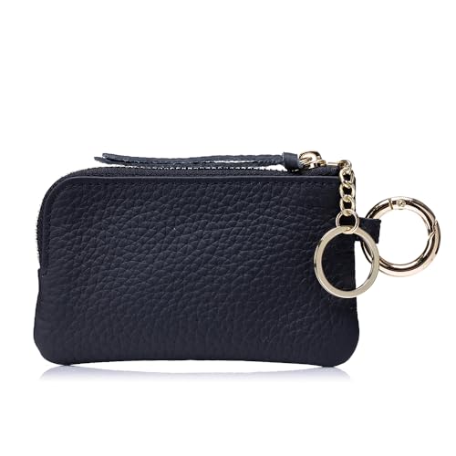 Leather Coin Purse for Women with Keychain & Wrist Strap – Small Zipper Coin Pouch, Mini Change Wallet, Slim Travel Key Pouch with Gift Box (Black) - color: Black