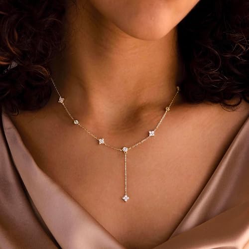 Gold Necklace for Women - Dainty Long Lariat Necklace 14K Gold Plated Clover Star Teardrop CZ Y Shaped Drop Necklaces Cute Long Necklaces for Women Trendy Prom Formal Womens Jewelry - color: Gold-Clover Drop