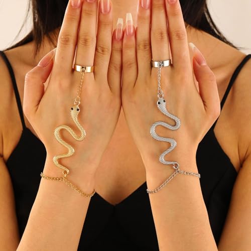 Punk Snake Bracelet Hand Chain Gold Snake Finger Ring Bracelet Serpent Slave Chain Hand Harness Hallowen Medusa Costume Jewelry for Women - color: Gold