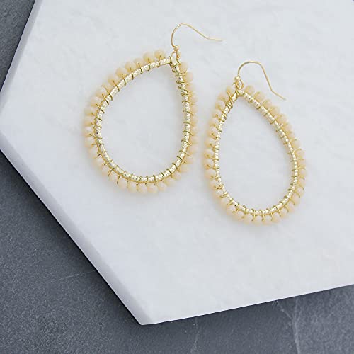Bohemian Boho Teardrop Dangle Drop Earrings for Women – Delicate - Handcrafted Wire Wrapped Colorful Faceted Glass Beads – Gold Plated – with Gift Box Included - color: Sand Opal Beige
