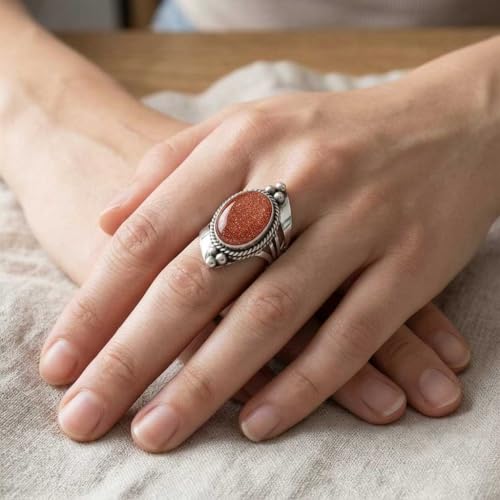 Handmade 925 Sterling Silver Plated Ring Natural Gemstone Carnelian, Rose Quartz, Tiger Eye, Crystal Oval Boho Jewelry For Women - color: Gold Stone