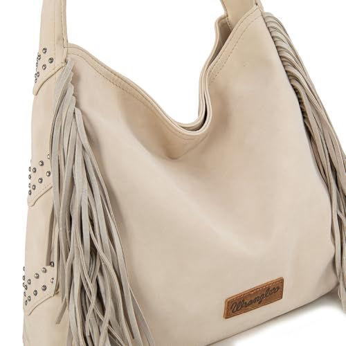 Wrangler Fringe Suede Hobo Bag for Women Leather Western Fringe Purse Tassel Hippie Shoulder Bag - color: Beige