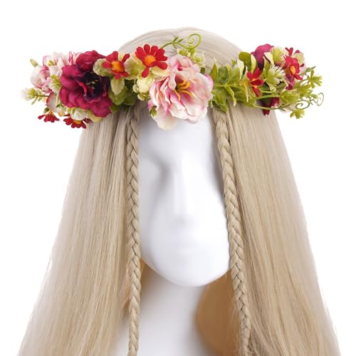 Red Rose Flower Headband, Adjustable Boho Bridal Floral Crown Headpiece, Fairy Forest Flower Crown for Women Girls Renaissance Birthday Bride Wedding Festivals Party Hair Accessories - color: Rose Daisy Red