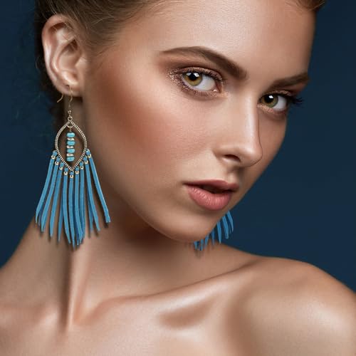 Long Bohemian Fringe Leather Earrrings Handmade Tassel Earrings with Turquoise Christmas Long Dangle Earrings for Women rodeo jewelry - color: 9