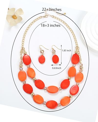 2 Layered Chunky Beaded Shell Necklace for Women Sea Shell blue/yellow/red/green/turquoise/teal/white Statement Necklace and Earring Set Elegant Women Necklace Set Jewelry Sets for Women - color: Orange