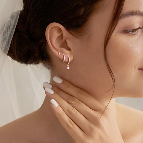 14K Gold Plated Small Huggie Hoop Earrings Set for Women, Hypoallergenic Dainty Sterling Silver Dangle Studs for Cartilage Helix, Lightweight Trendy Cute Stack Birthstone Jewelry Gift - color: 10_Pink Tourmaline_Oct_Gold