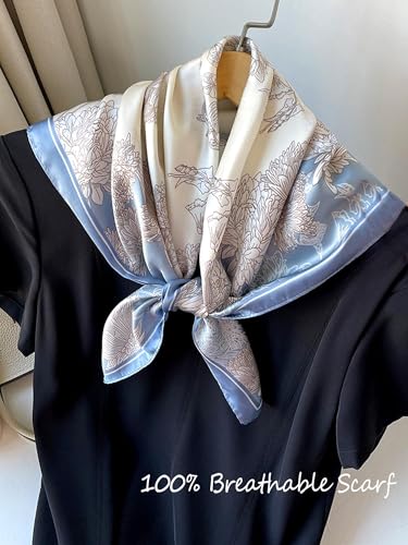 100% Mulberry Silk Scarf for Women Hair Lightweight Square Neckerchief Wrap For Head Scarves 21" - color: 17-light Blue Daisy /21"*21"
