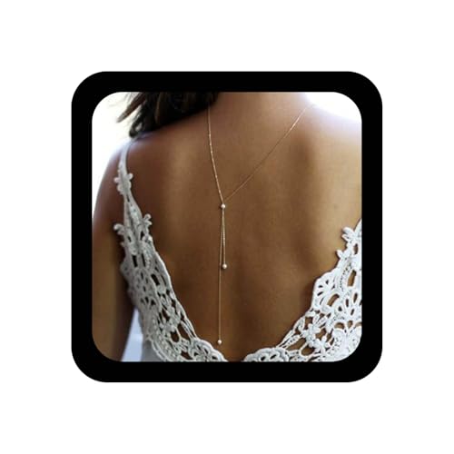 Boho Pearl Back Chain Necklace Silver Layered Backdrop Necklace Body Chain Pearl Bridal Back Drop Chain Summer Beach Body Jewelry for Women (Silver) - color: Silver
