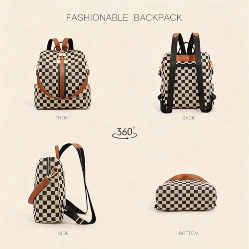 Women's Backpack with Wristlet Set, Large Capacity Tote Backpack for Women, Fashion Travel Backpack & Stylish Mommy Bag (Brown Chessboard)
