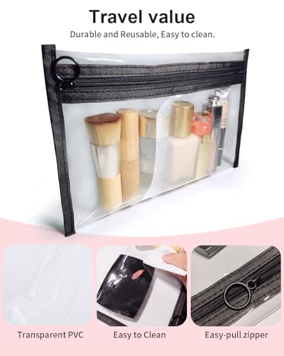 Clear Makeup Bags, 3 Pack Small Cosmetic Toiletry Bags with Zipper, PVC Clear Travel Bags for Women and Men Travel Airport Organizing, Black