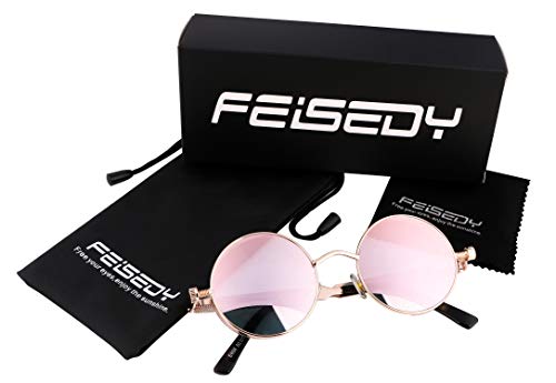 FEISEDY Retro Gothic Steampunk Sunglasses Round Metal Frame Punk Circle Inspired Shade Men B1857 - color: Gold/Pink