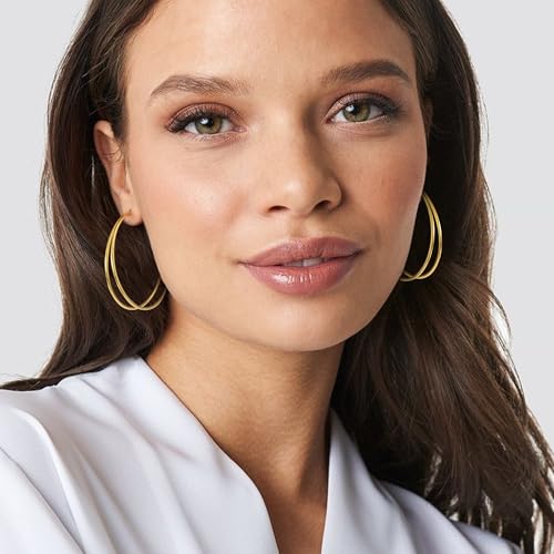 OOOPEL Large Thin Double Hoop Earrings for Women Lightweight Hypoallergenic 925 Sterling Silver Post 14K Gold Hoops Non Tarnish Sturdy Big Thin Double Layered Hoop Earrings 30/40/50/60mm - color: Gold, size: 50mm