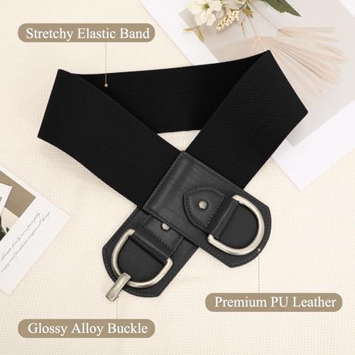 Wide Belts for Women Fashion Elastic Belt for Dresses Vintage Waist Belt Ladies Stretchy Belt Gold Buckle - color: Black(silver), size: Fit Waist Size 40"-43"