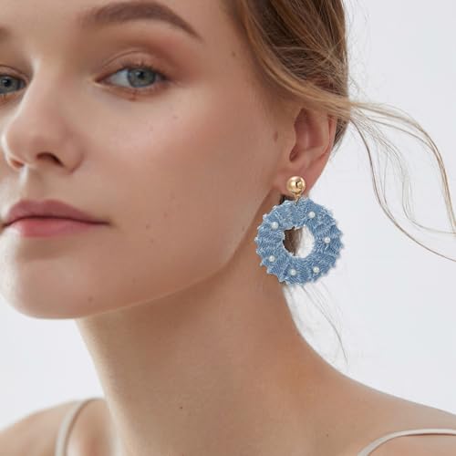 Coiris Bohemian Statement Dangle Earrings for Women Denim Leather Shells Pearl Polygonal Leaf Circle Drop Earrings for Women - style: Denim Pearl