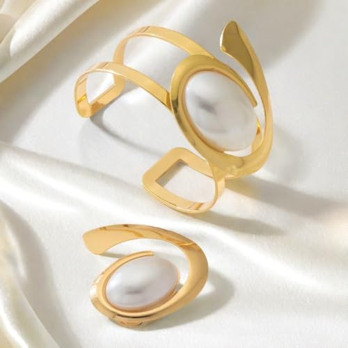 Boho Open Bracelet Ring Set for Women Black and Gold Jewelry Set Oval Cuff Bracelet Adjustable Ring Vintage Jewelry - style: Pearl