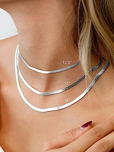 FOCALOOK 14K Gold Plated Necklaces for Women, Fashion Herringbone Choker Necklace Stainless Steel Flat Snake Chain 3/5MM(W) 12.5"/15"/18"+3.5"(L) - color: 3MM-Silver-15"