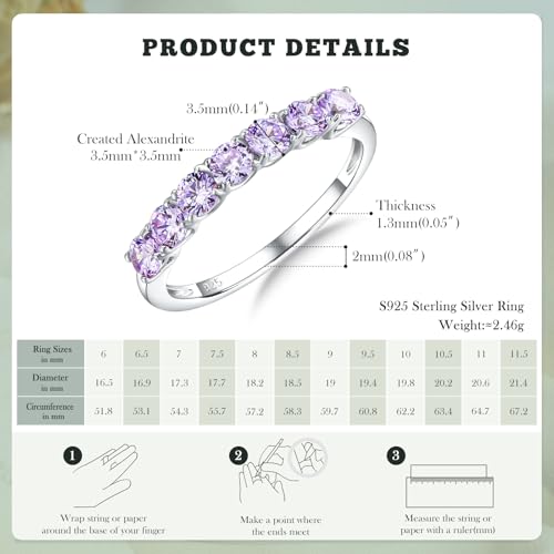 3.5mm Stackable Rings S925 Sterling Silver Created Birthstone & Cubic Zirconia Ring for Women Wedding Bands Anniversary Birthday Jewelry Size 6 to 10(with Box) - color: 06-Created Alexandrite-Jun