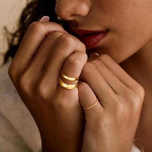 Gold Band Rings for Women Men Non Tarnish, Wedding 14K Gold Plated Stackable Ring Set for Couples, Dainty Thin Plain Simple Promise Dome Band Thumb Pinky 1mm 3mm 5mm Jewelry Gift Comfort Fit Size 3-13 - color: Gold-1mm 3mm 5mm, size: 3