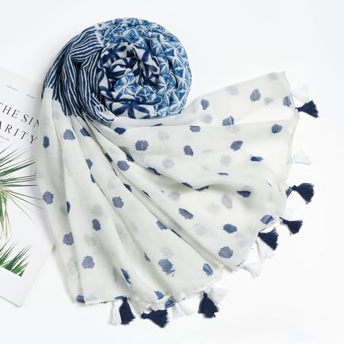 QIUTIMIY Scarf for Women Lightweight Soft Floral Leopard Printed Scarves Fall Winter Fashion Shawl Wrap with Fringe - color: White Blue
